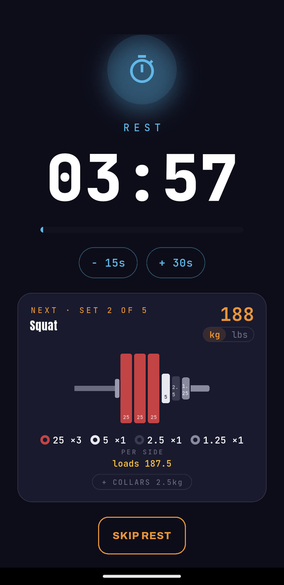 Rest timer with plate-loading calculator in the athlete app